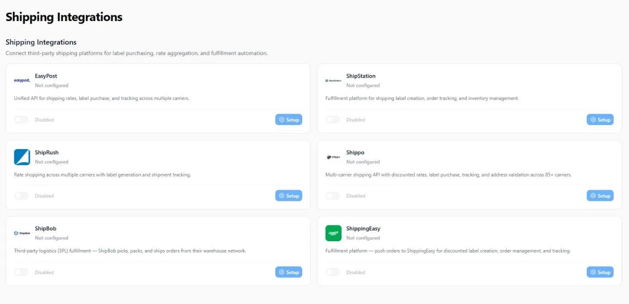 The shipping integrations screen showing EasyPost, ShipStation, ShipRush, Shippo, ShipBob and ShippingEasy