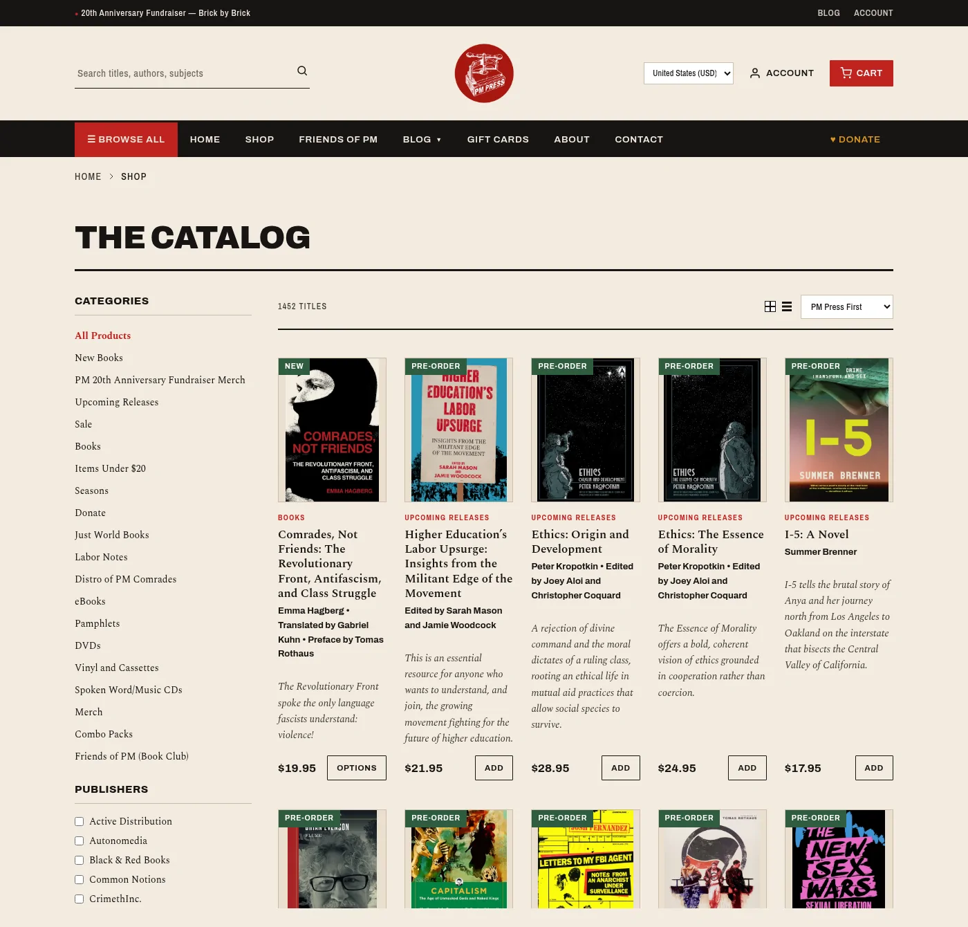 A catalogue page listing 1,452 titles, with categories and publishers down the left and two rows of products with prices and add buttons