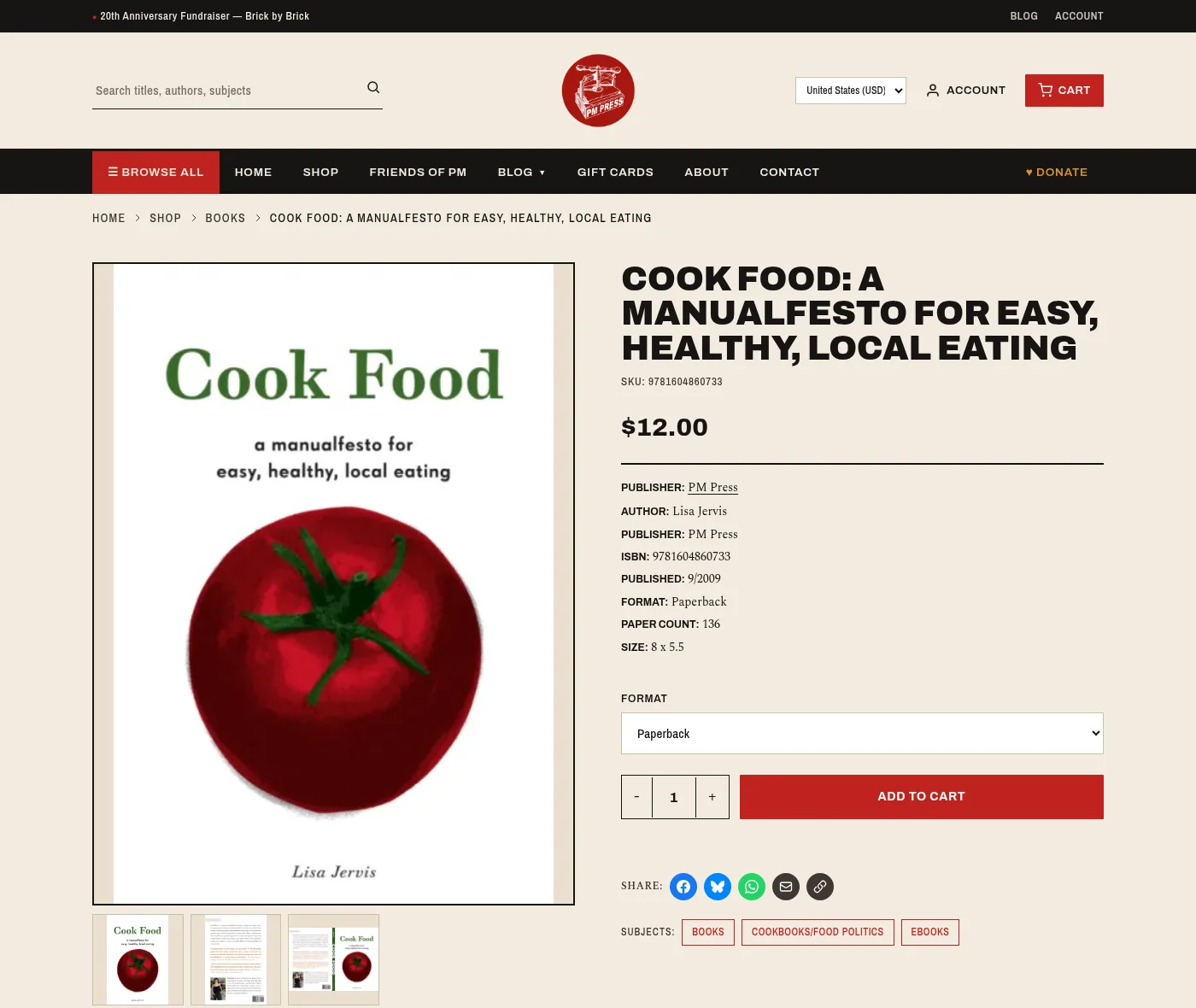 A product page for a cookbook, with the cover and gallery thumbnails, the price, publisher and format details, a format dropdown, a quantity box and an add to cart button